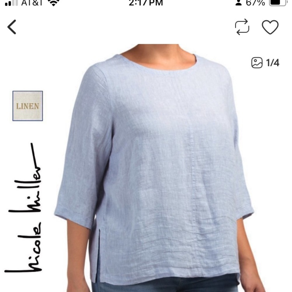 Nicole Miller NWT Back Button Linen Blue Women's Blouse